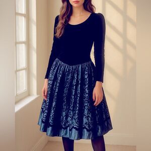 VINTAGE Jessica McClintock Black Velvet Bodice Taffeta Blue Skirt 4